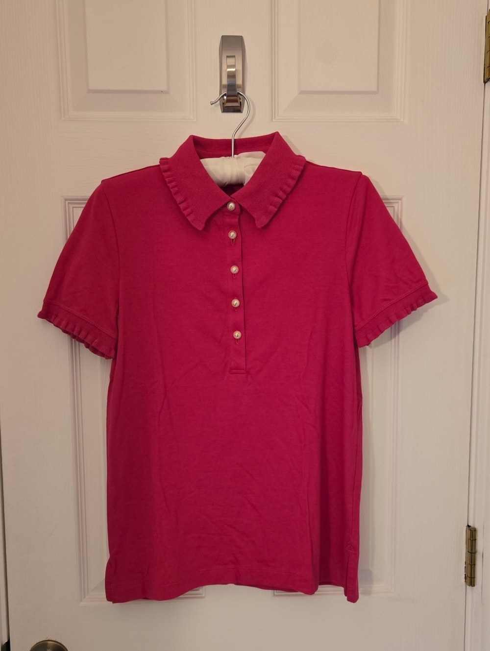 Tory Burch Hot Pink Ruffle Collar Button-Down Polo